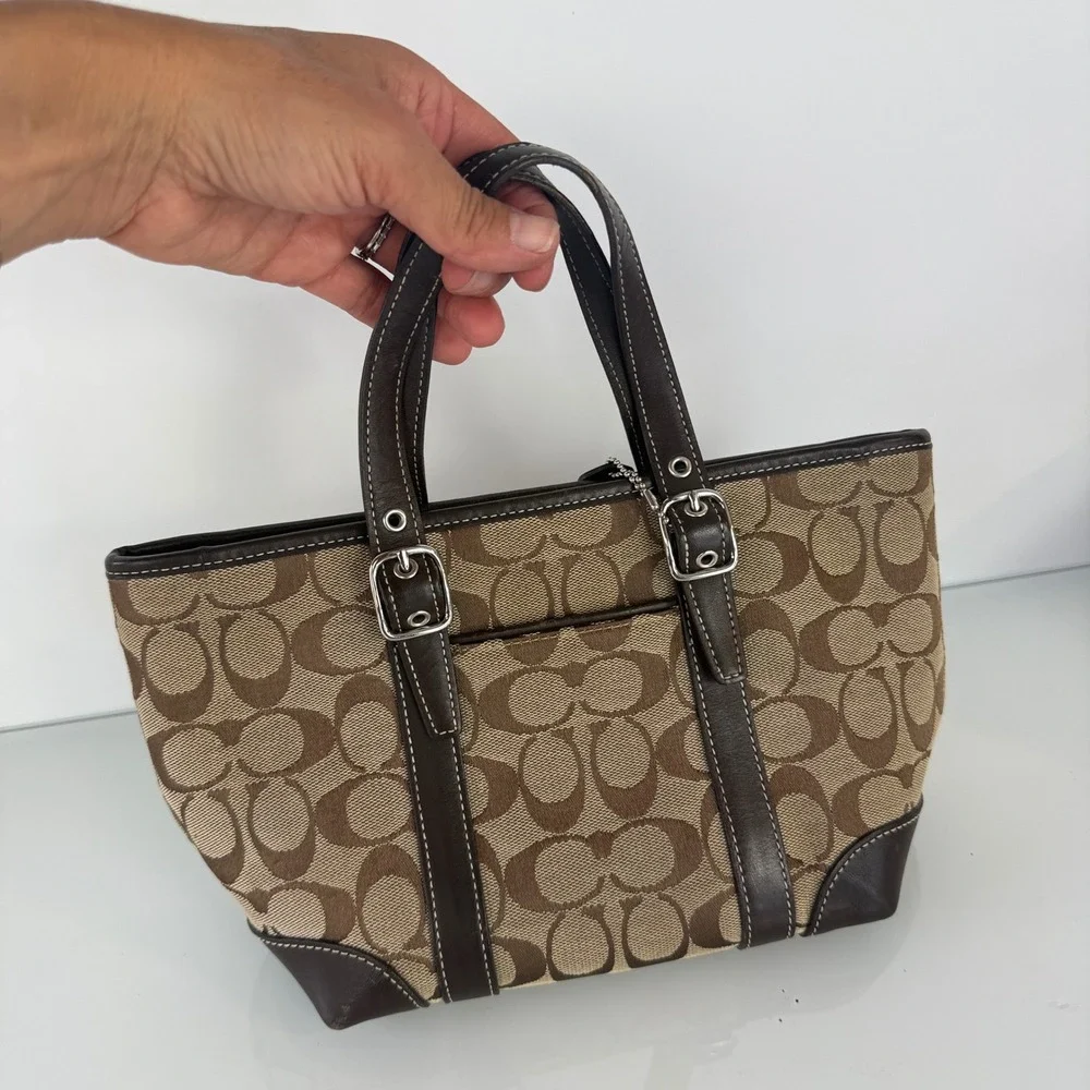 Coach Signature Small Tote Women Small 6043 Brown Khaki Jacquard Leather Bag